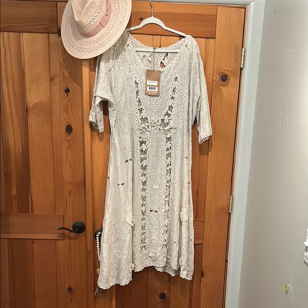 MAGNOLIA PEARL Cream Eyelet Midi Dress RARE CORONADO DRESS!!!